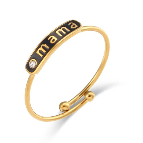 Lemonlimeblue Jewelry - Black Enamel Mama Adjustable Zircon Stackable Ring 18K Gold Plated Stainless